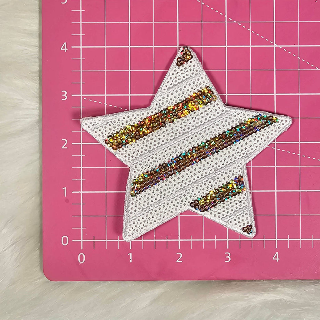 White and Holographic Gold Sequin Star Iron On Patch