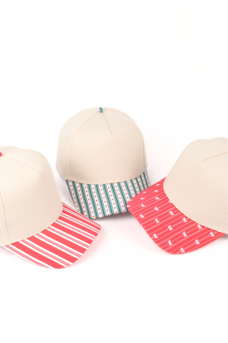 HOLIDAY STRIPES HEART BOW Printed Brim 5 Panel Two Tone Cap