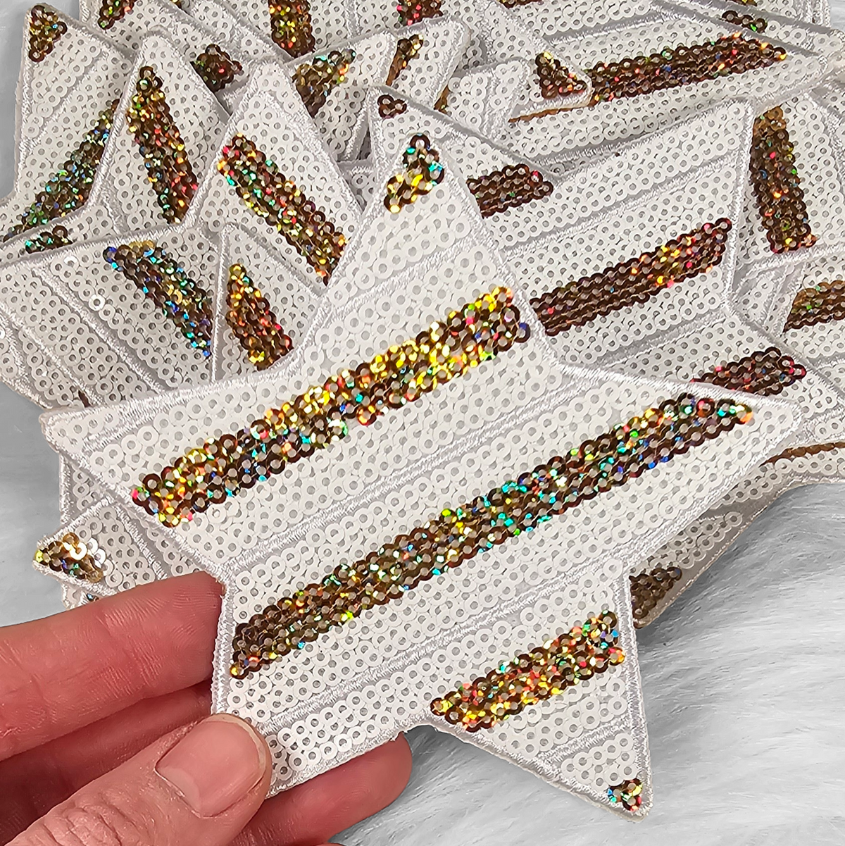 White and Holographic Gold Sequin Star Iron On Patch