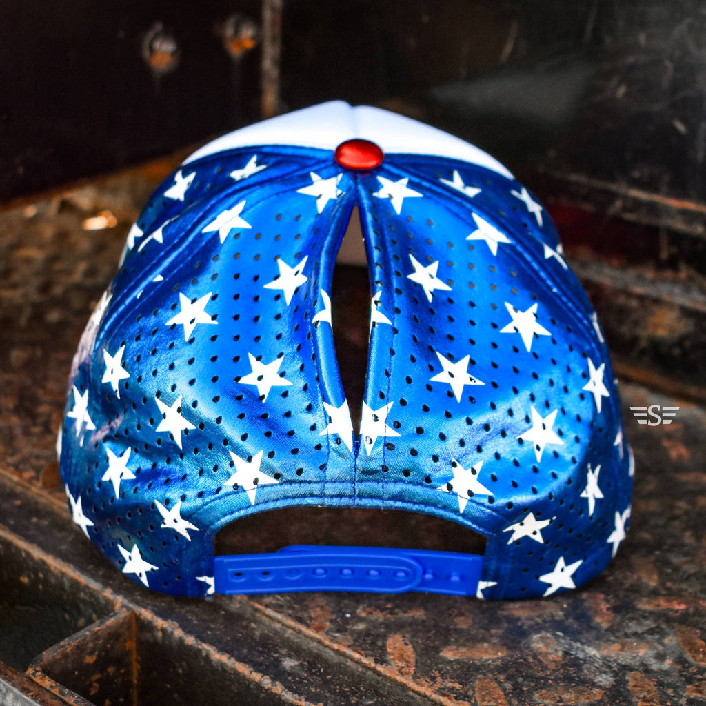 Patriotic Metallic Magna Pony® Mesh Foam Laser Cut Back Trucker Hat