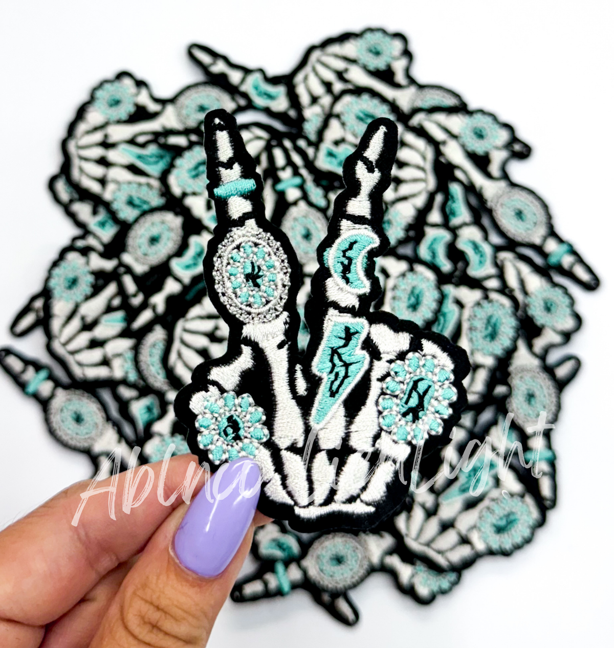 3” small turquoise jewelry skeleton hand patch iron on