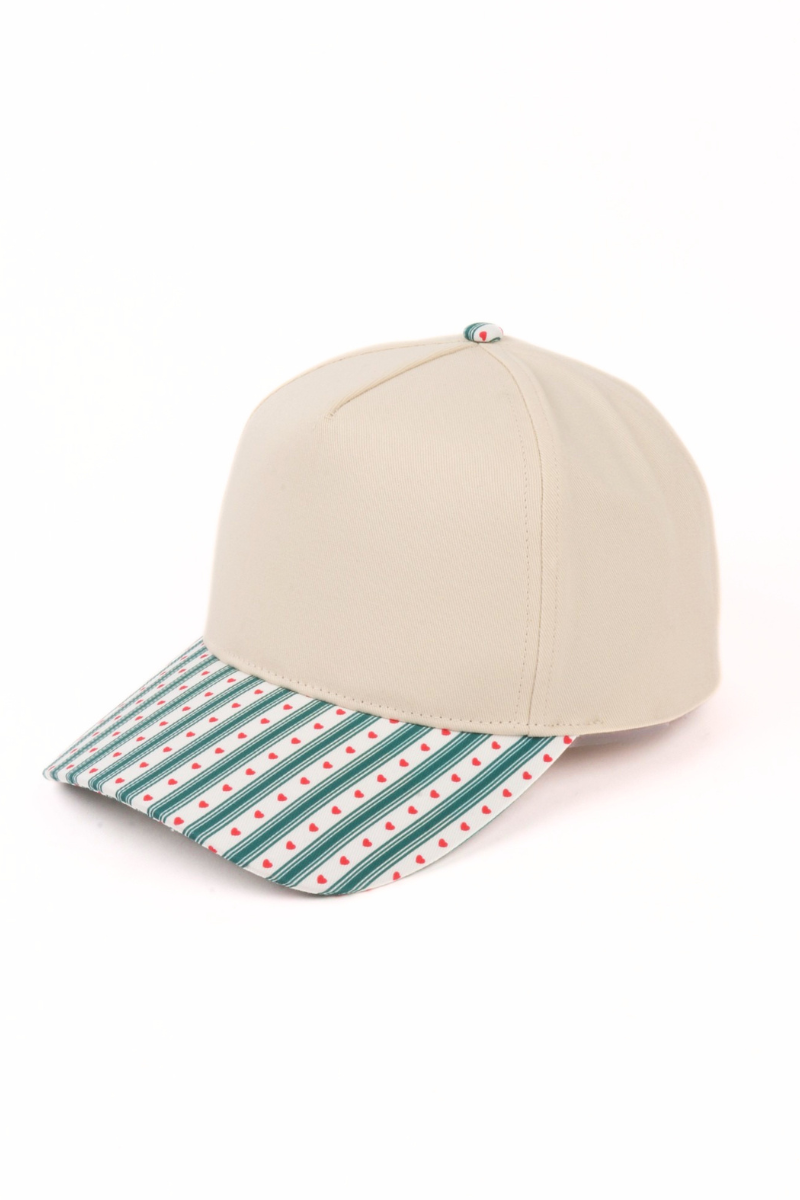 HOLIDAY STRIPES HEART BOW Printed Brim 5 Panel Two Tone Cap