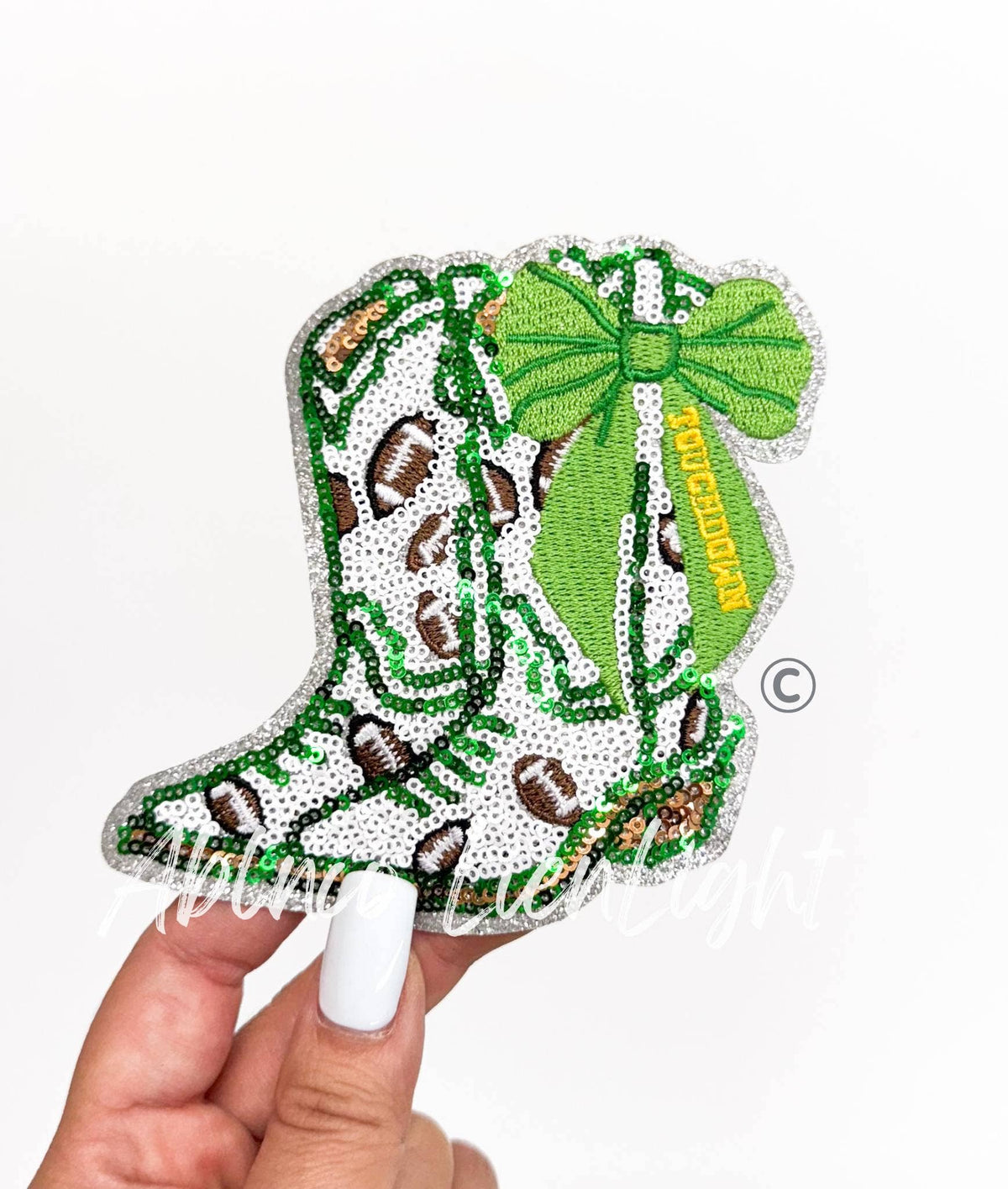 Football Touchdown Green Bow Boot Sequin Patch - Small