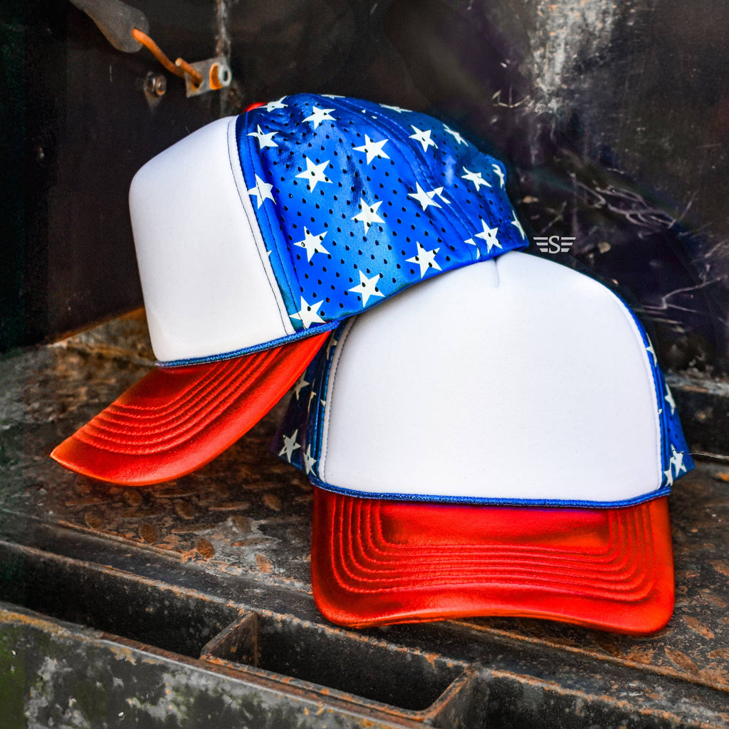 Patriotic Metallic Magna Pony® Mesh Foam Laser Cut Back Trucker Hat