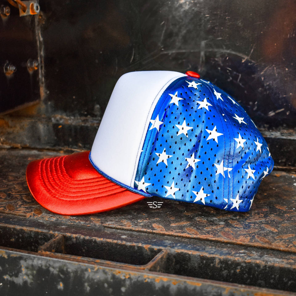Patriotic Metallic Magna Pony® Mesh Foam Laser Cut Back Trucker Hat